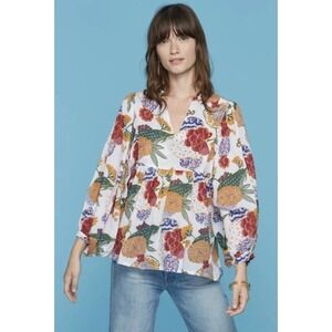 Roller Rabbit Serafina Blouse Floral Pineapple Balloon Sleeve White Size S